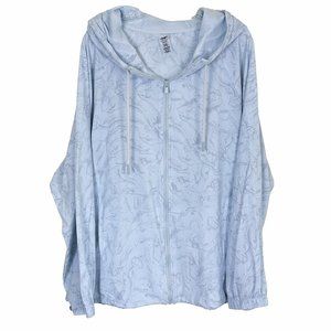 MONO B Women's Hooded Athletic Track Jacket in Marbled light blue Nylon, Size 3X
